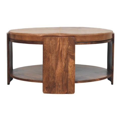 Savoy leather coffee table with a round tan leather top and dark wood frame featuring an open lower shelf