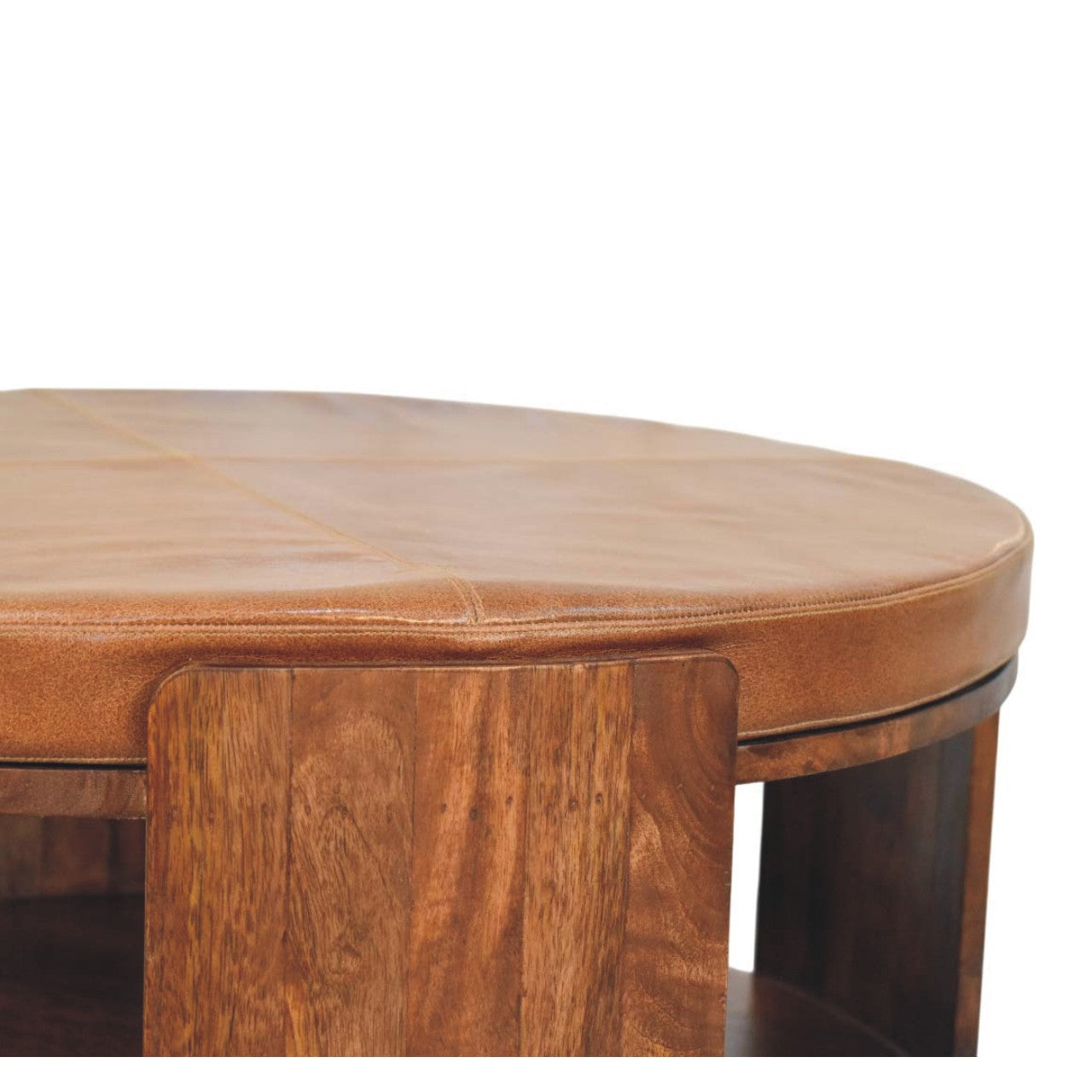 Savoy leather coffee table with round tan leather top and dark wood legs perfect for living room use