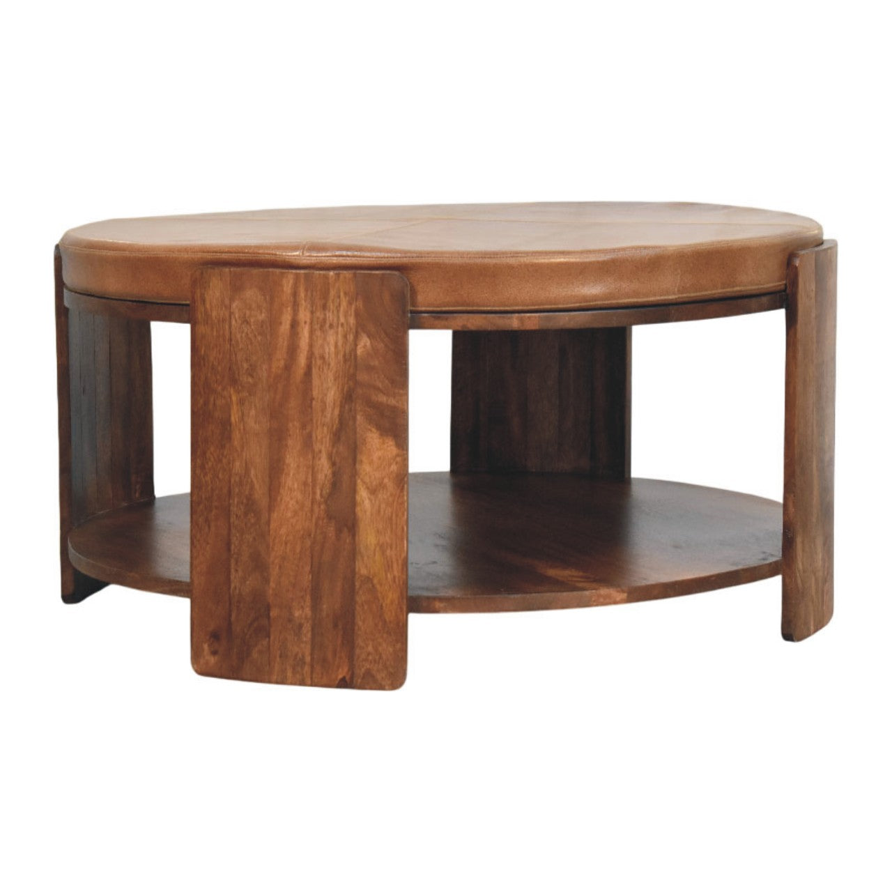 Savoy leather coffee table with a round tan leather top, lower wooden shelf, and sturdy dark wood legs