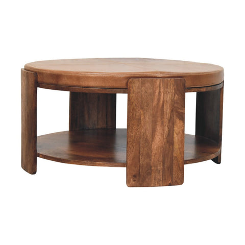 Savoy leather coffee table round wooden with warm brown finish smooth top and lower shelf for extra storage