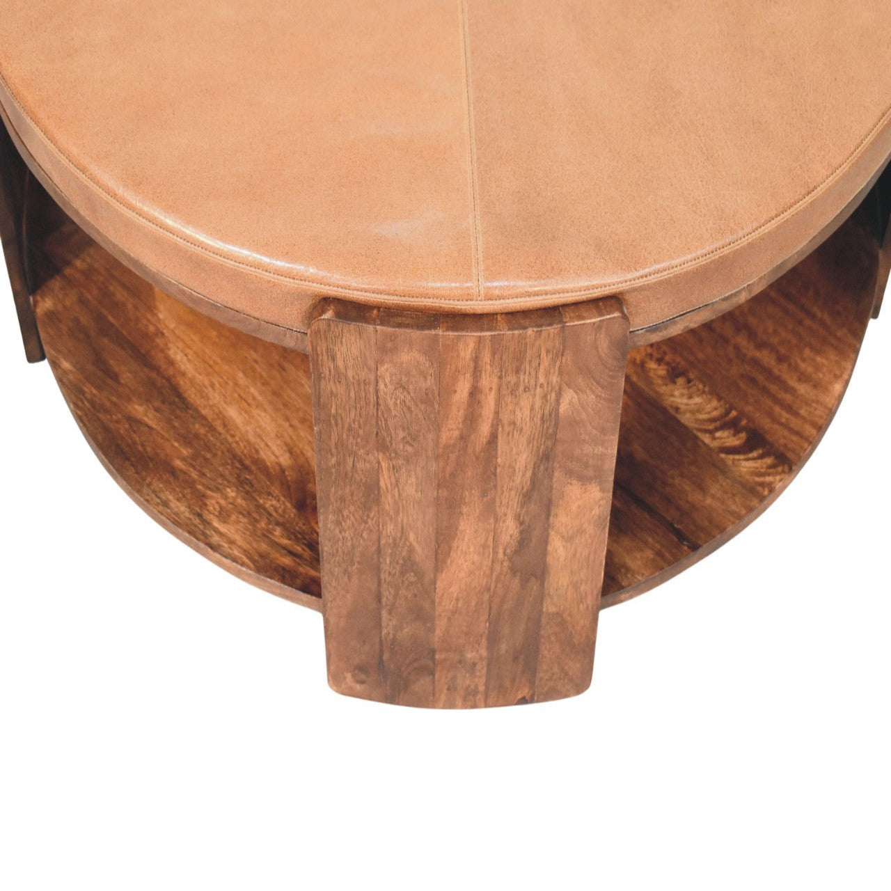 Savoy leather coffee table with a tan leather top circular wooden base and vertical wood legs perfect for living rooms