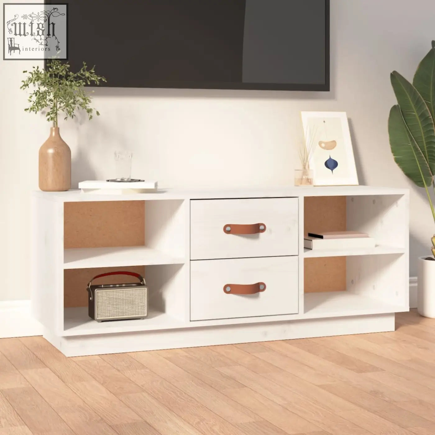 White solid wood media console savro pinewood 100cm with brown leather handles drawers and ample storage shelves