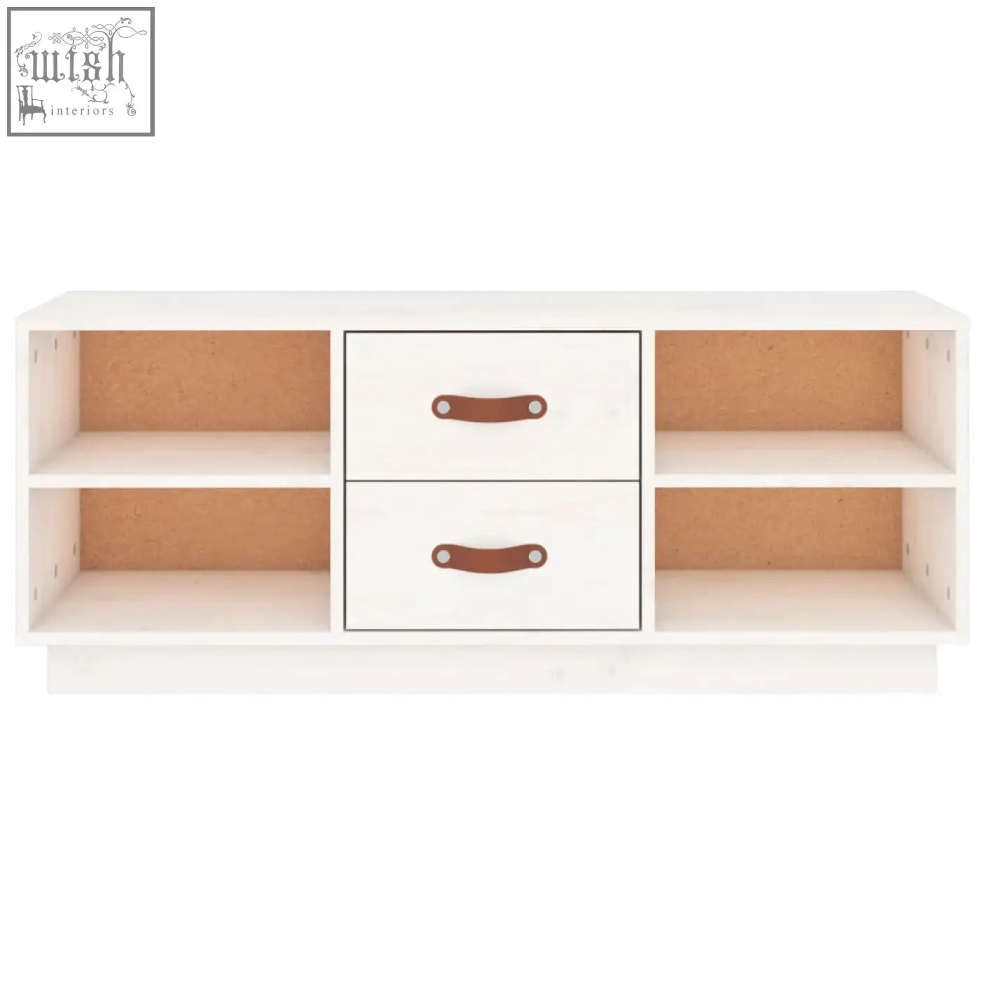 Savro pinewood white storage console with solid wood build, two drawers with brown leather handles, and ample storage shelves
