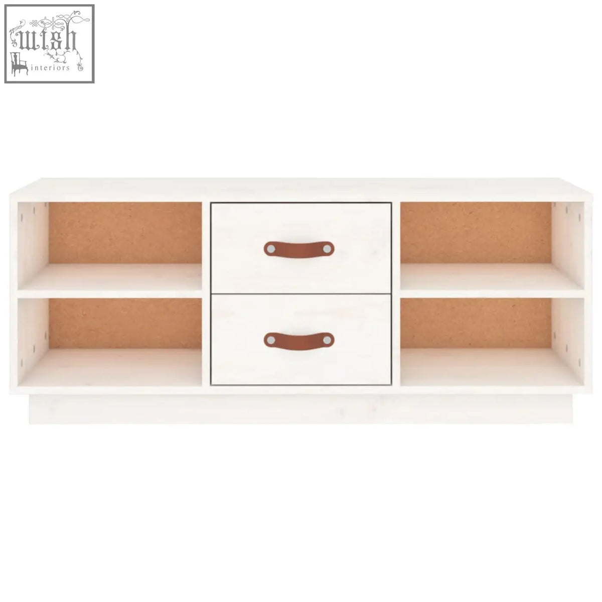 Savro pinewood white storage console with solid wood build, two drawers with brown leather handles, and ample storage shelves