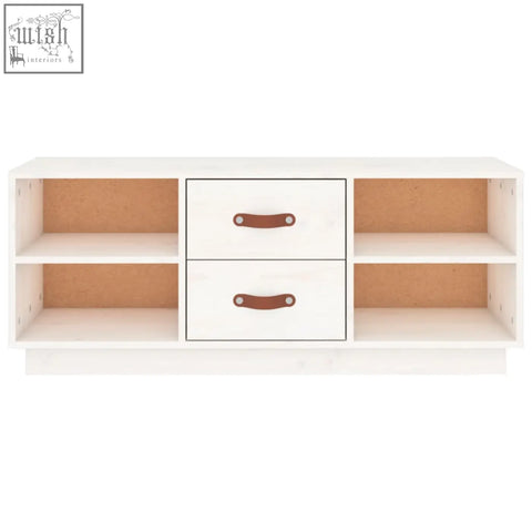 Savro pinewood white storage console with solid wood build, two drawers with brown leather handles, and ample storage shelves