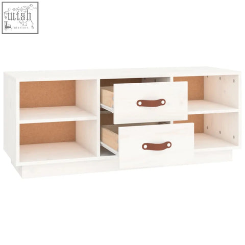 White solid wood savro pinewood storage unit with two drawers, brown leather handles, and open shelving for ample storage