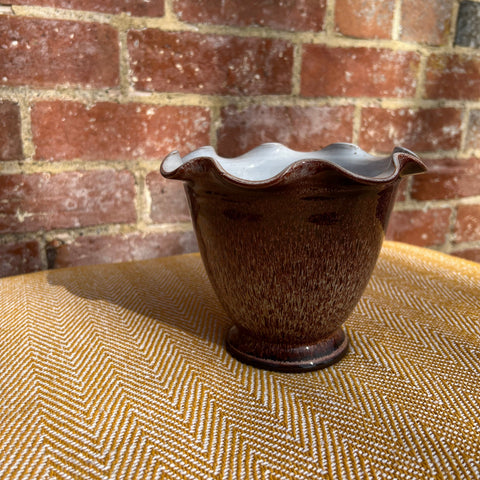 Brown ceramic scalloped vase with speckled glaze perfect as a decorative pot or flower holder