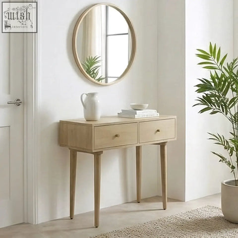 Scandinavian light oak oslo console table with two drawers and tapered legs made from sustainable mango wood