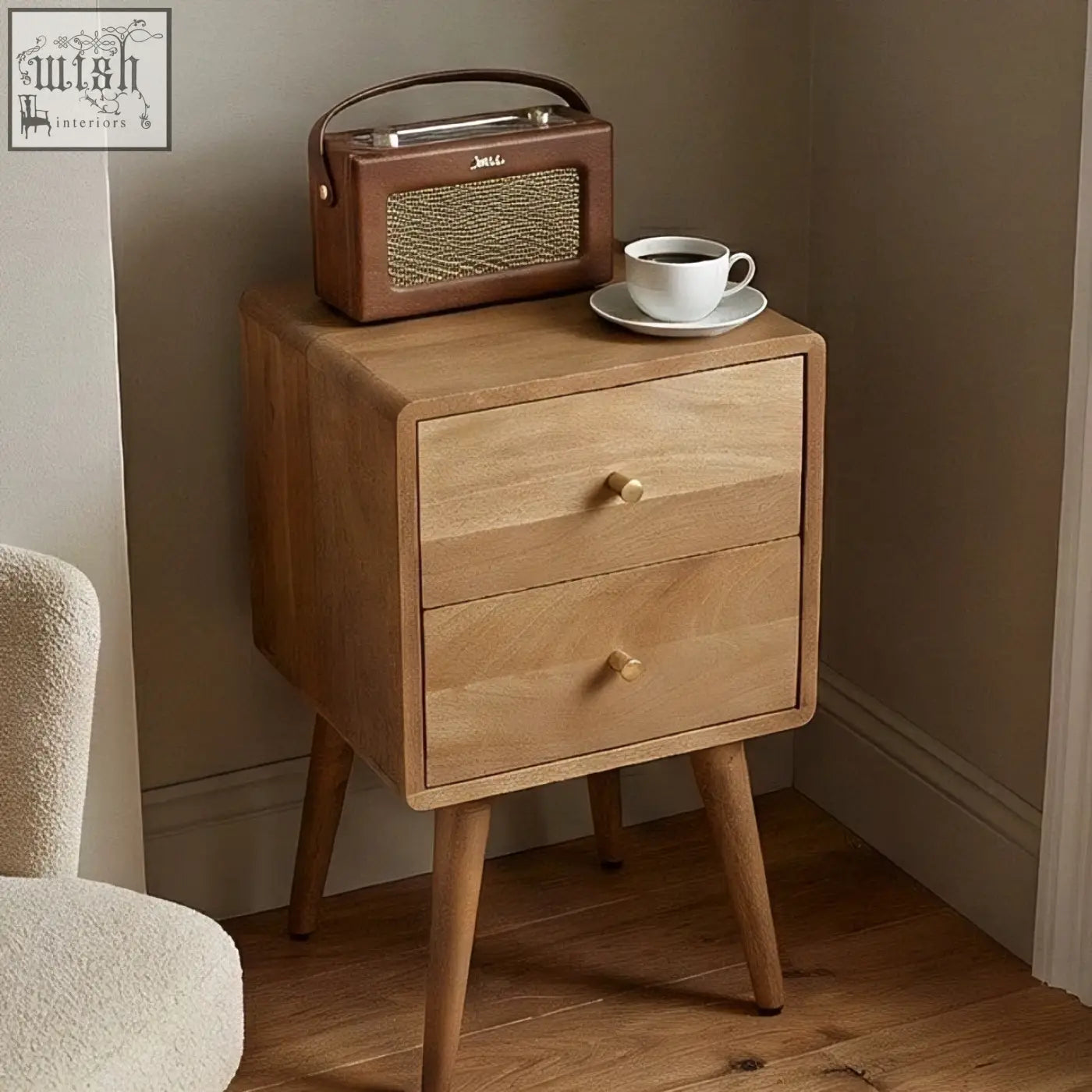 Light walnut logan narrow bedside table with two drawers and tapered legs in scandinavian light walnut finish