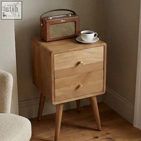 Light walnut logan narrow bedside table with two drawers and tapered legs in scandinavian light walnut finish