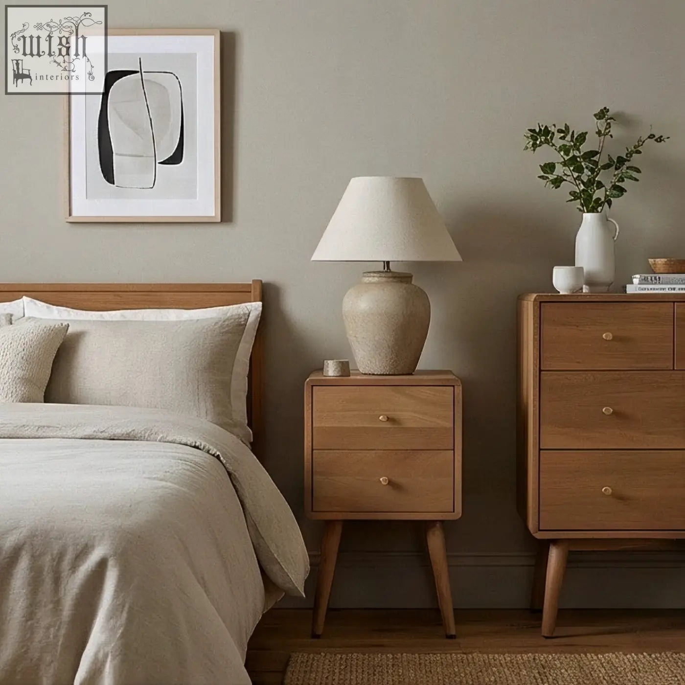 Beige ceramic table lamp with textured surface and fabric shade on scandinavian light walnut logan narrow bedside table