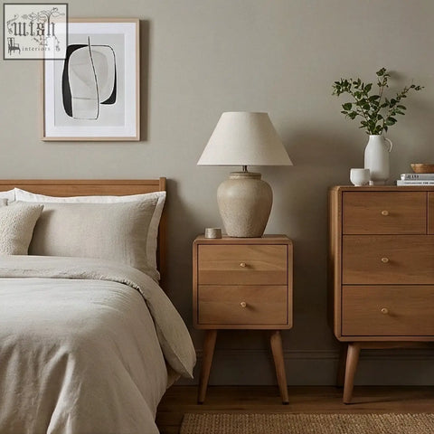 Beige ceramic table lamp with textured surface and fabric shade on scandinavian light walnut logan narrow bedside table