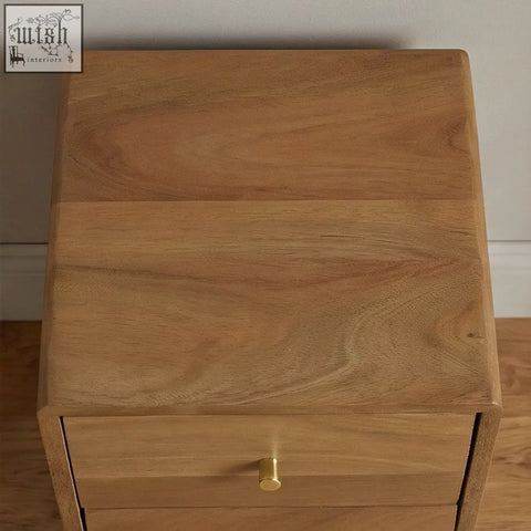 Light walnut logan narrow bedside table in scandinavian light walnut with a drawer and gold handle
