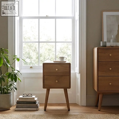 A minimalist scandinavian light walnut nightstand with two drawers and tapered legs in warm natural finish