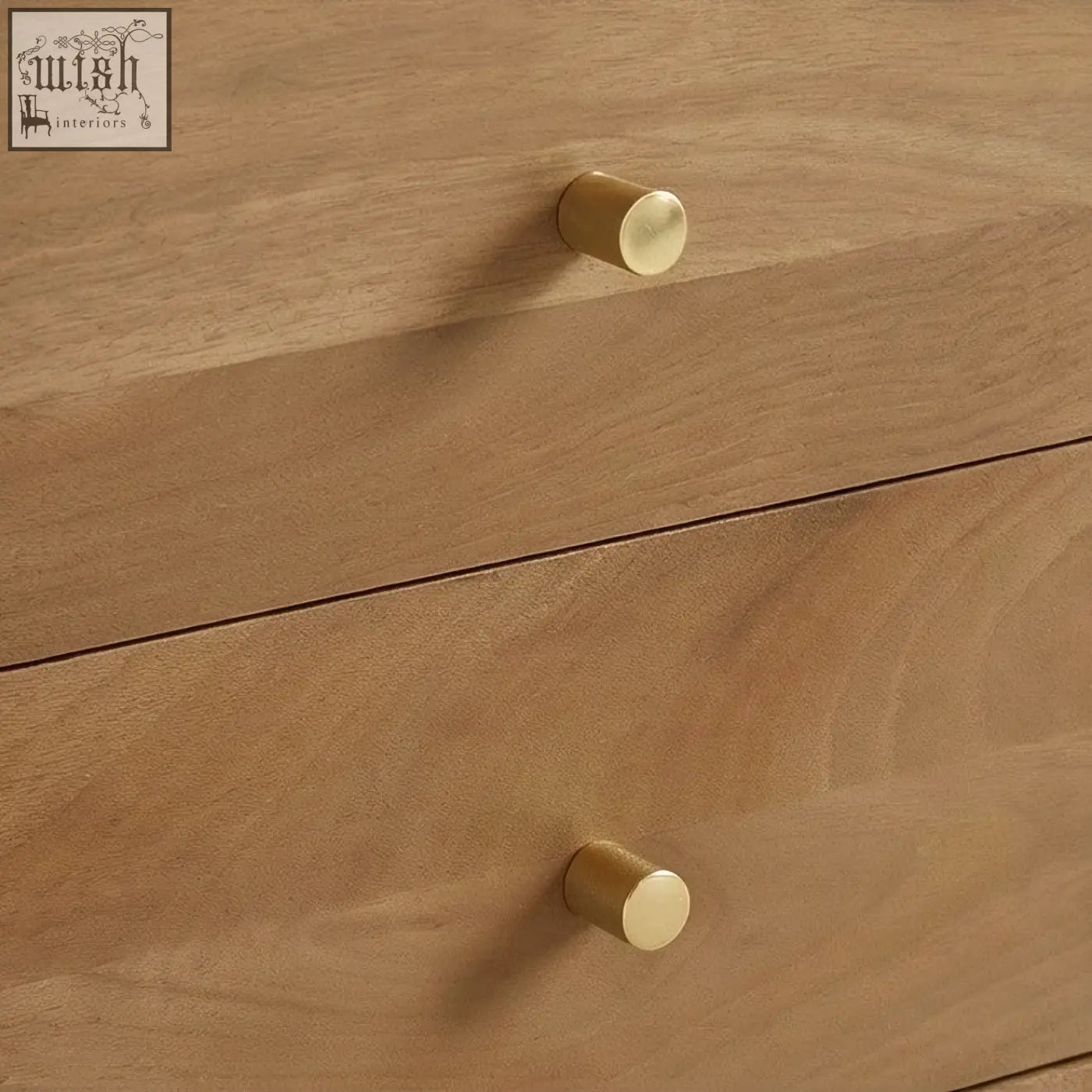 Gold-toned drawer pulls with matte finish on scandinavian light walnut logan narrow bedside table drawers