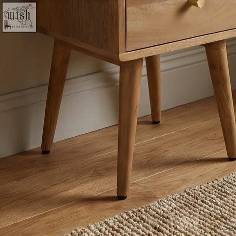 Scandinavian light walnut logan narrow bedside table with light oak wood, tapered legs, and gold handle drawer