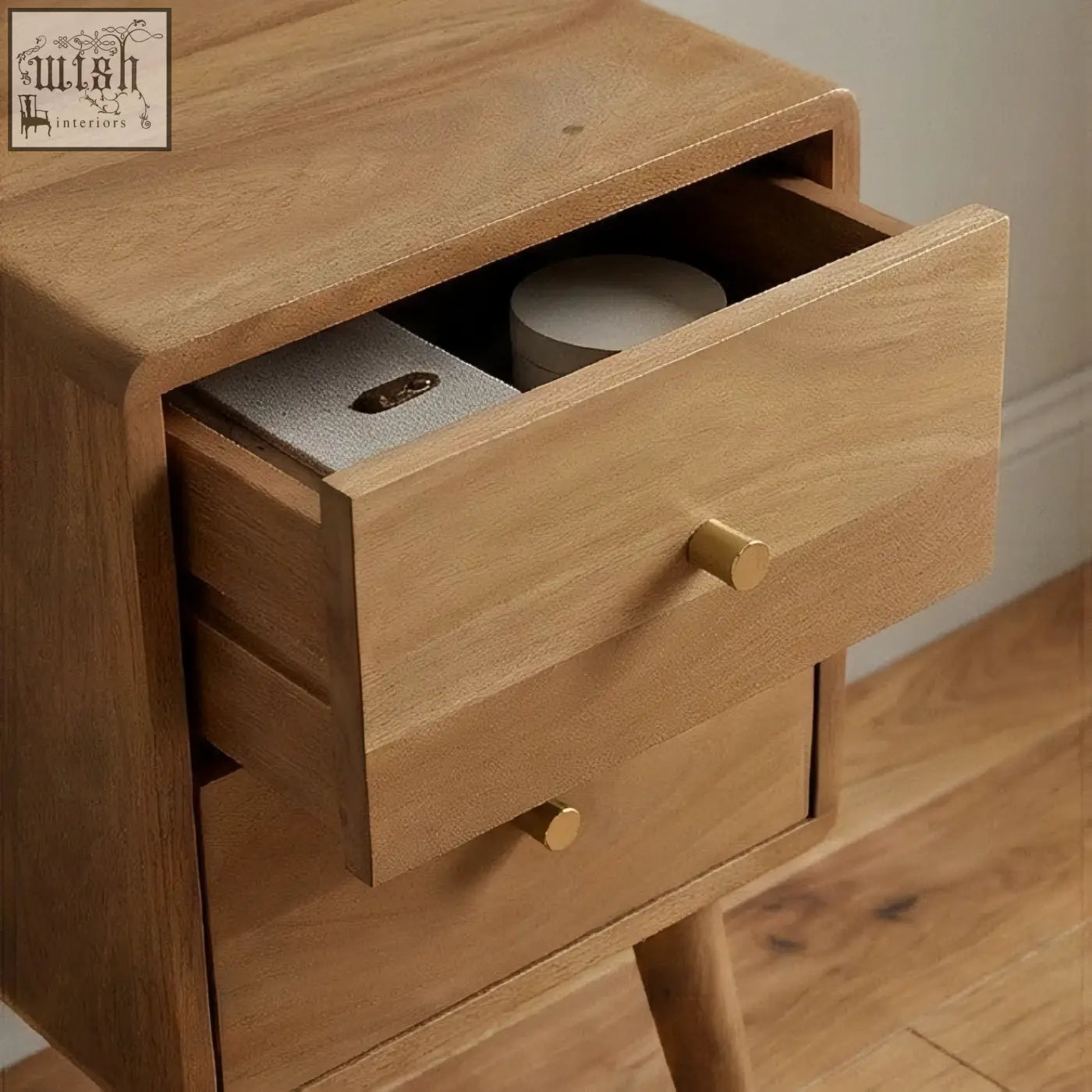 Scandinavian light walnut logan narrow bedside table with light oak wood and gold-toned round drawer knobs