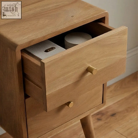 Scandinavian light walnut logan narrow bedside table with light oak wood and gold-toned round drawer knobs