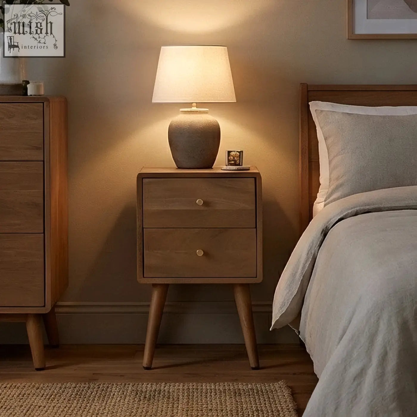 Warm-toned ceramic table lamp with textured matte finish and beige linen shade on scandinavian light walnut logan narrow bedside table