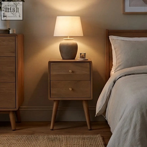 Warm-toned ceramic table lamp with textured matte finish and beige linen shade on scandinavian light walnut logan narrow bedside table