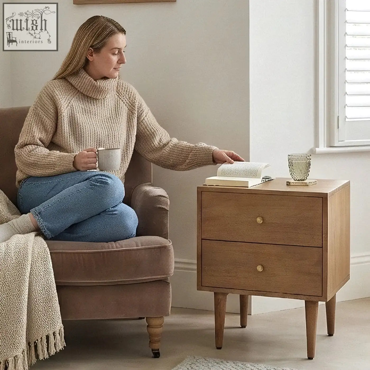 Scandinavian light walnut oslo bedside table with two drawers round brass knobs and tapered legs in light walnut wood