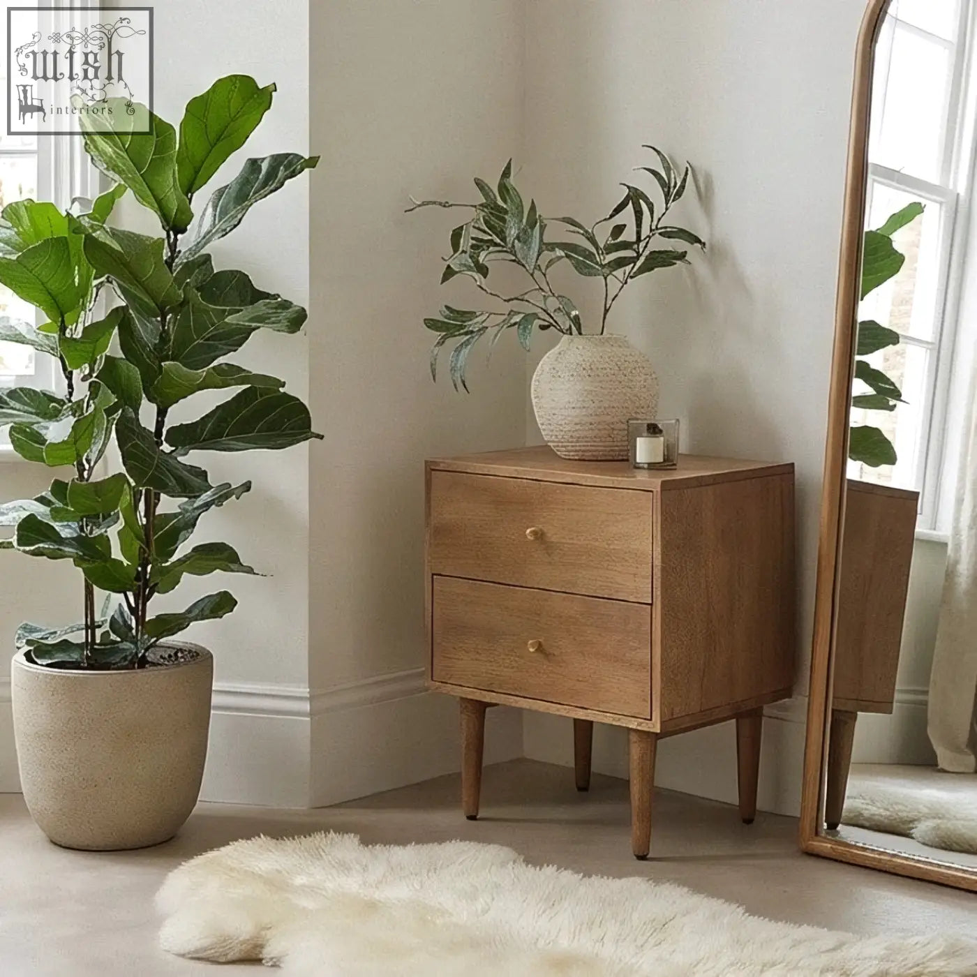 Light walnut oslo bedside table with two drawers round knobs and tapered legs in scandinavian light walnut wood