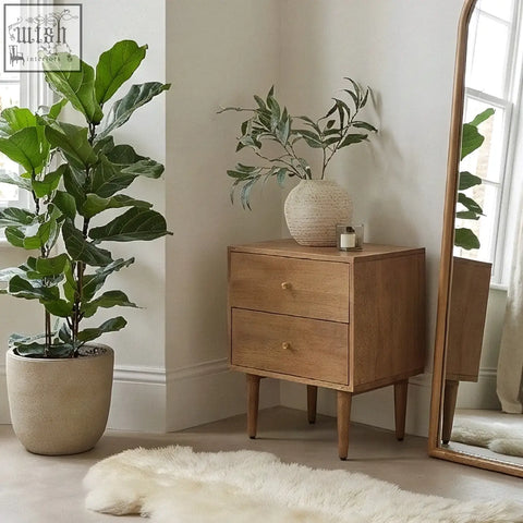 Light walnut oslo bedside table with two drawers round knobs and tapered legs in scandinavian light walnut wood