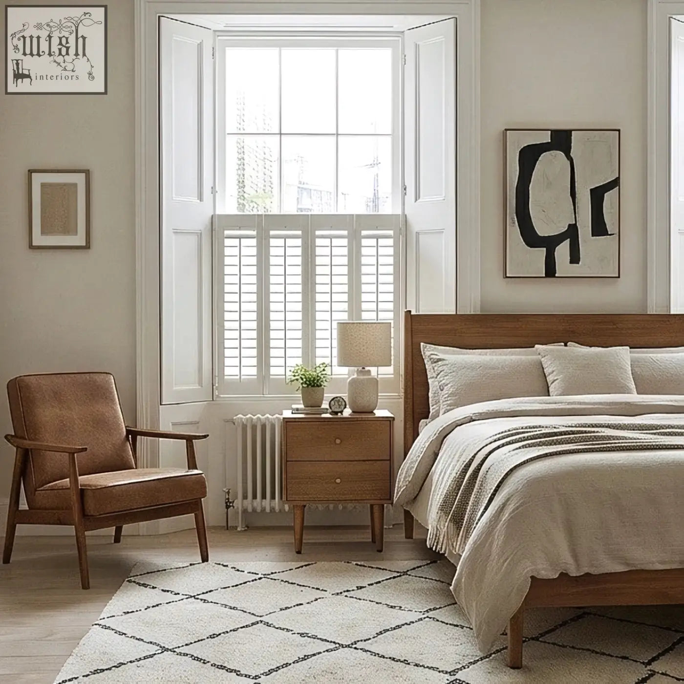 Wooden bed with beige linen duvet and pillows paired with scandinavian light walnut oslo bedside table