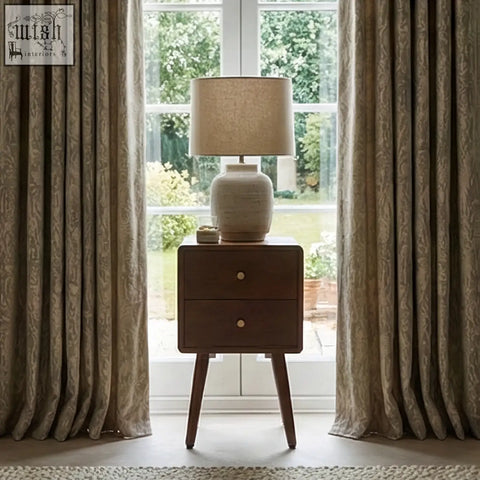 A beige ceramic table lamp with a textured shade sits on a scandinavian walnut logan narrow bedside table measuring 30cm wide