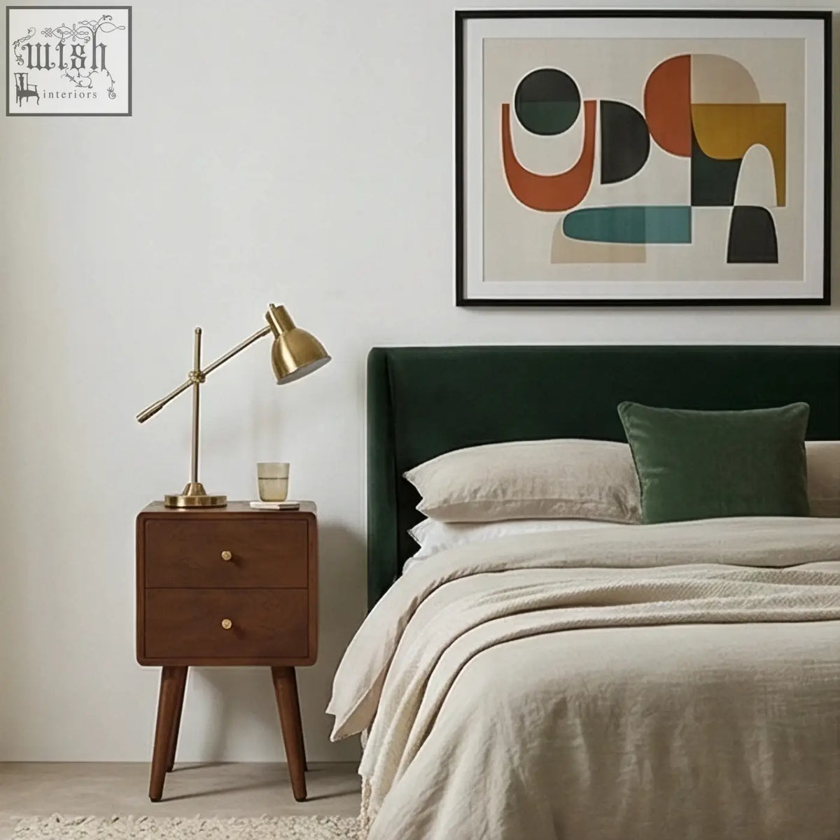 Dark green velvet headboard with matching pillow and beige linens next to scandinavian walnut logan narrow bedside table measures 30cm wide