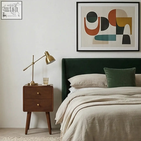 Dark green velvet headboard with matching pillow and beige linens next to scandinavian walnut logan narrow bedside table measures 30cm wide