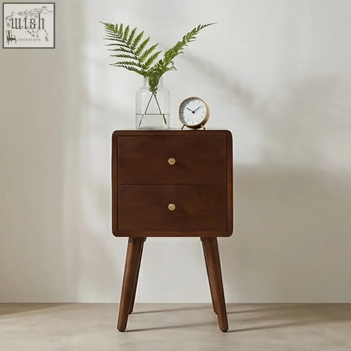 Dark wood scandinavian walnut logan narrow bedside table with two drawers measures 30cm wide and gold-toned knobs