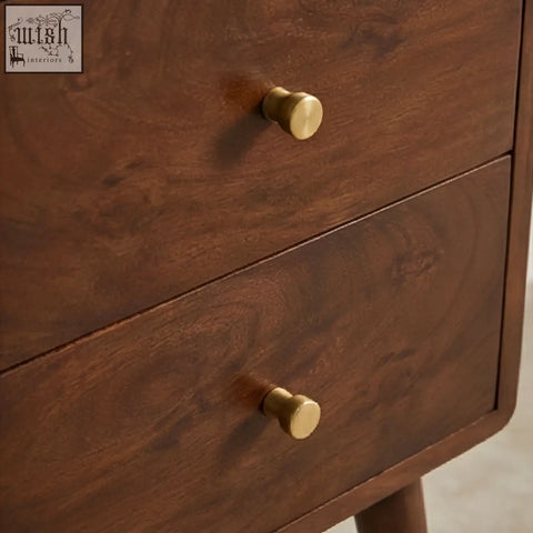 Dark wood scandinavian walnut logan narrow bedside table with brass round knobs measures 30cm wide