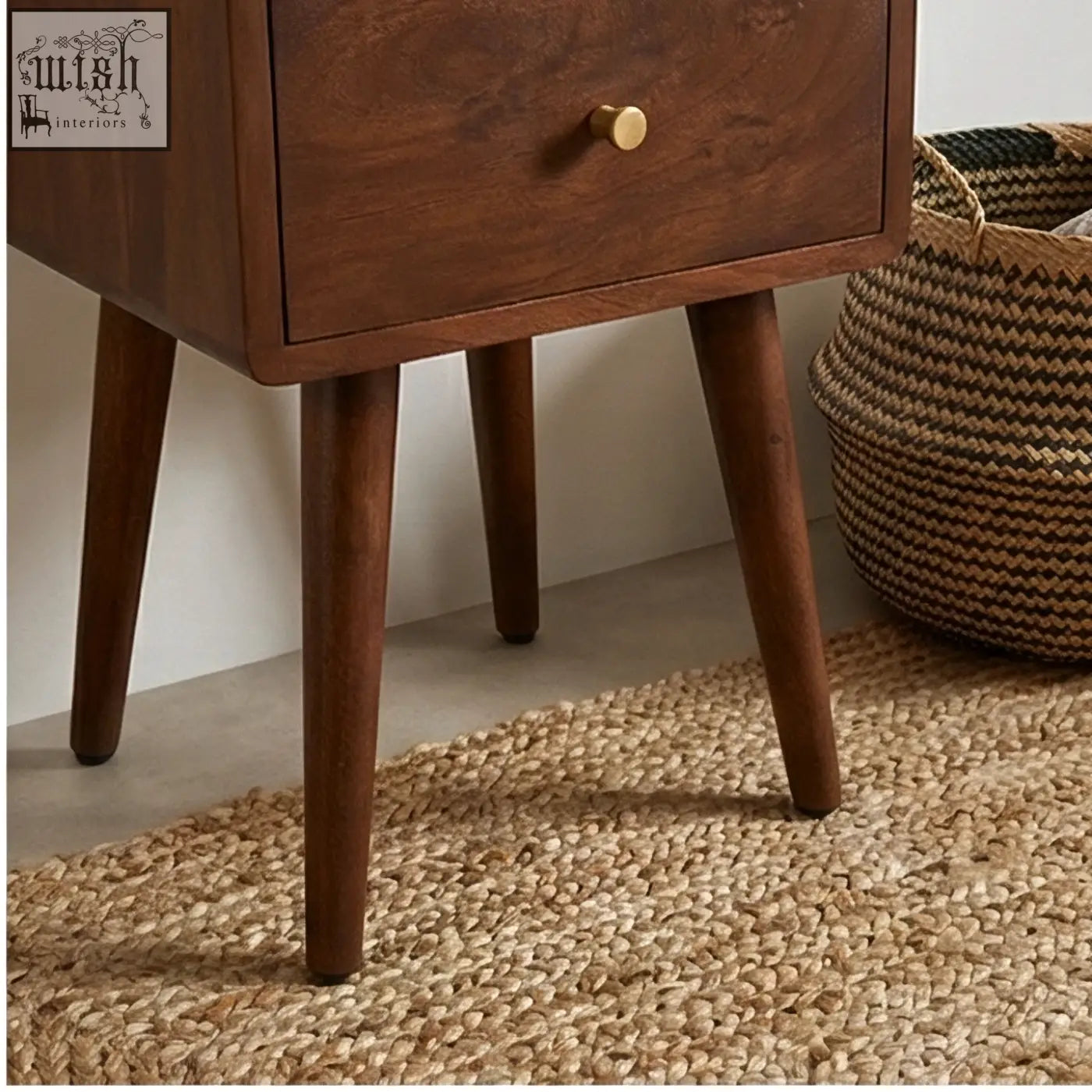 Mid-century modern scandinavian walnut logan narrow bedside table with tapered legs and brass knob drawer measures 30cm wide