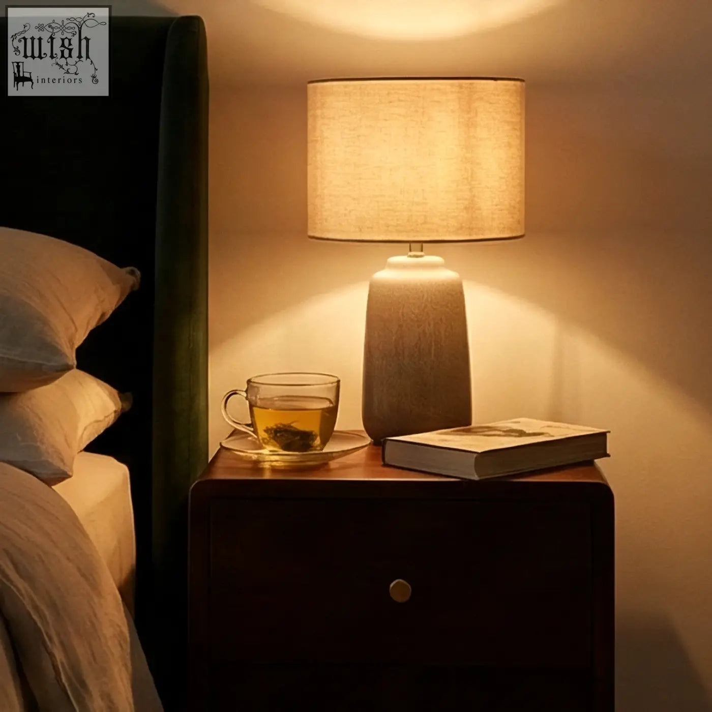 Warm-toned ceramic table lamp with textured base and beige linen shade on scandinavian walnut logan narrow bedside table measures 30cm wide