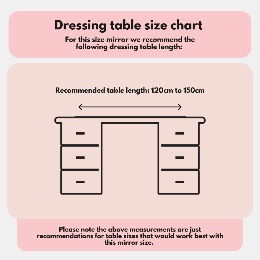 Pink and beige scarlett large hollywood mirror 100x70cm size chart shows 120cm to 150cm for best mirror fit