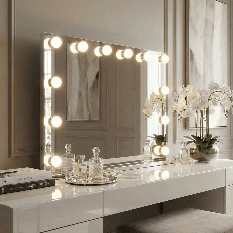 Scarlett large hollywood mirror 100x70cm with frameless design and round bulbs perfect for hollywood mirrors setup