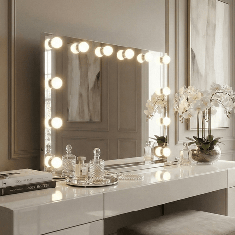 Scarlett large hollywood mirror 100x70cm with frameless design and round bulbs perfect for hollywood mirrors setup