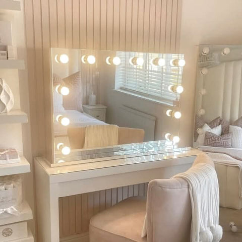 Scarlett large hollywood mirror 100x70cm with warm wood frame and round bulbs perfect hollywood mirror vanity setup