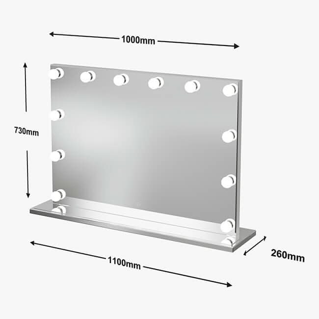 Silver-framed scarlett large hollywood mirror 100x70cm with ten round led lights perfect for glam makeup station