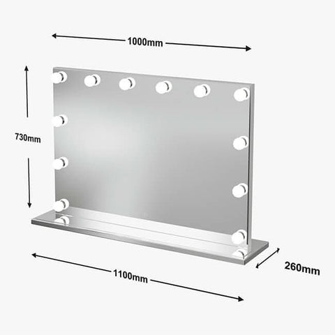 Silver-framed scarlett large hollywood mirror 100x70cm with ten round led lights perfect for glam makeup station