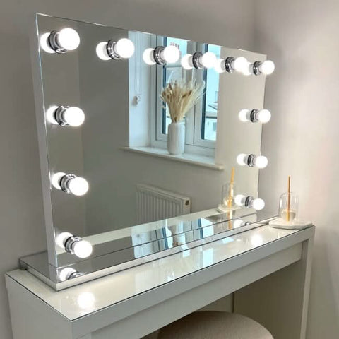 Scarlett large hollywood mirror 100x70cm with chrome frame and round bulbs perfect for hollywood mirrors setup