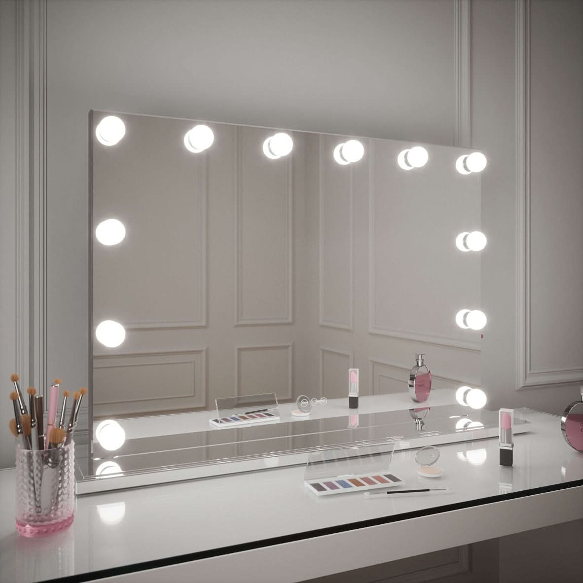 Scarlett large hollywood mirror 100x70cm with sleek frameless design and circular led lights for bright makeup lighting