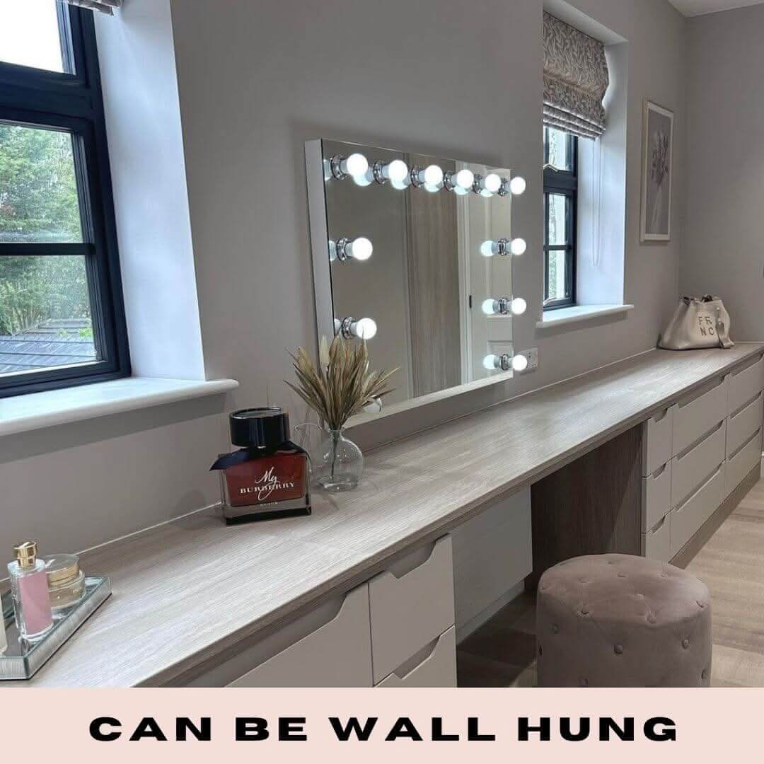 Sleek rectangular scarlett large hollywood mirror 100x70cm with modern frame and circular light bulbs on top edge