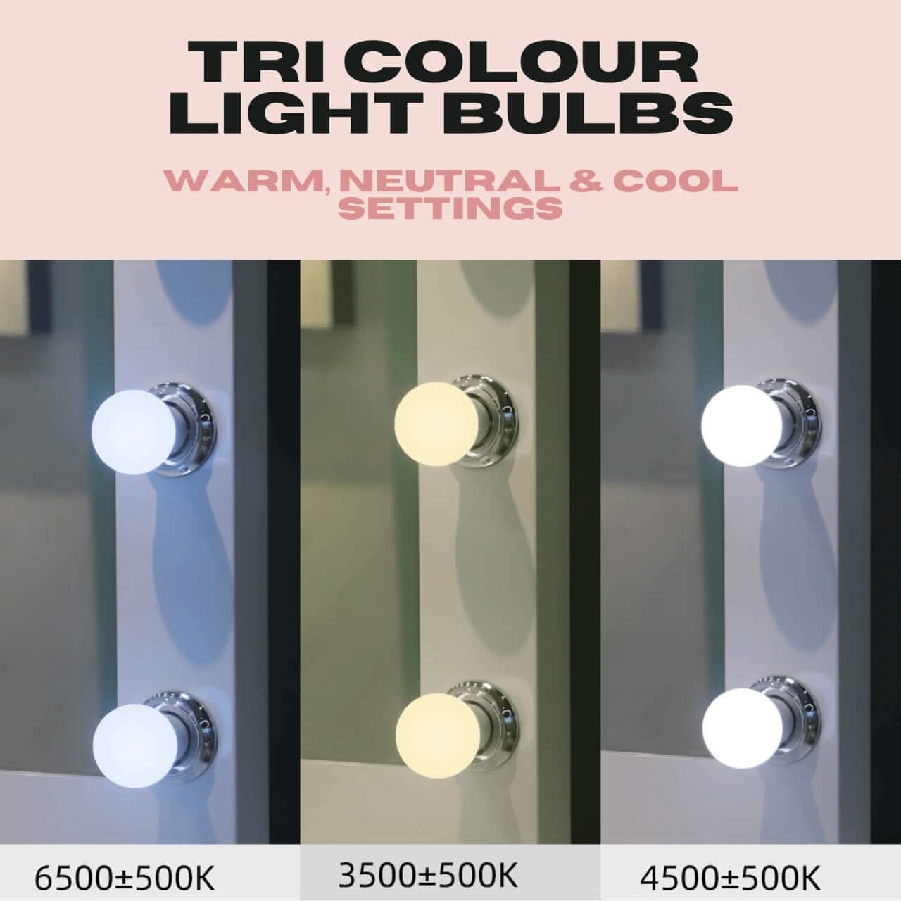 Scarlett large hollywood mirror 100x70cm with tri-colour chrome light bulbs in warm neutral and cool settings