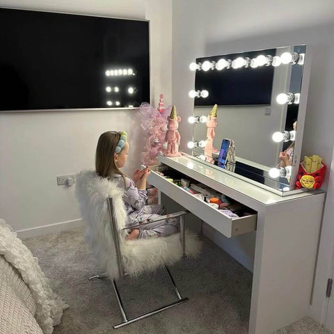 White vanity with open drawer and illuminated scarlett large hollywood mirror 100x70cm for glam makeup setup