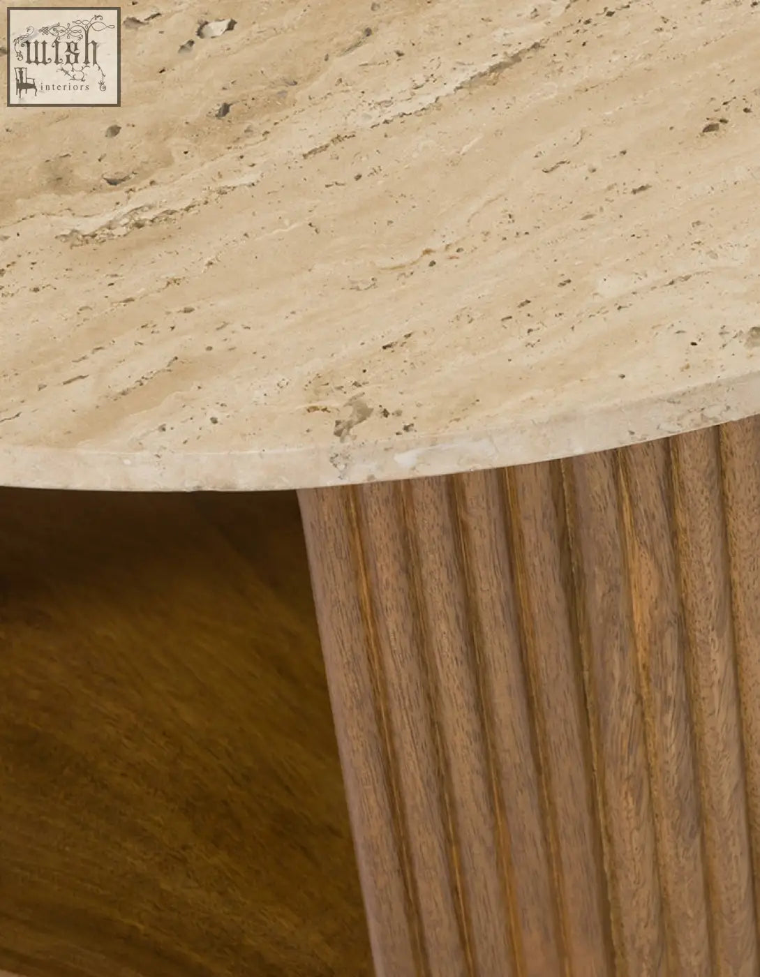 Beige travertine coffee table with vertical wood grain legs perfect for stylish living space storage