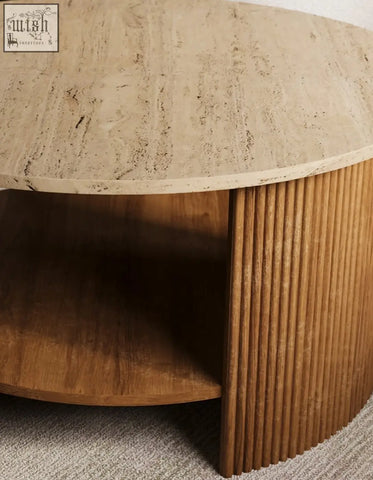 Schaefer round coffee table with storage featuring a beige travertine coffee table top and grooved wooden sides for living space