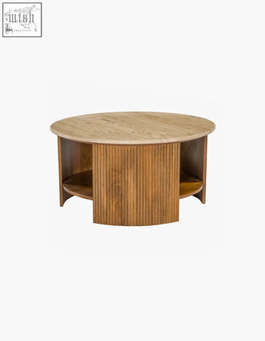 Schaefer round coffee table with travertine stone top and wood slat base with storage for your living space
