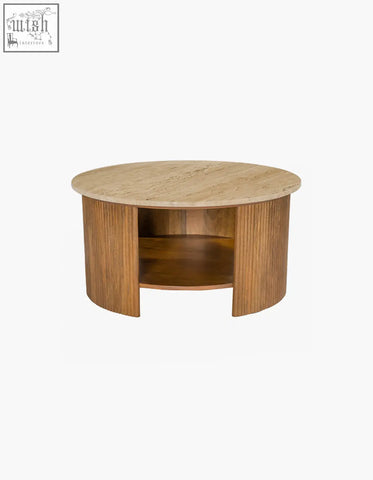 Schaefer round coffee table with storage features a light beige travertine top and vertical wood slat base for living space